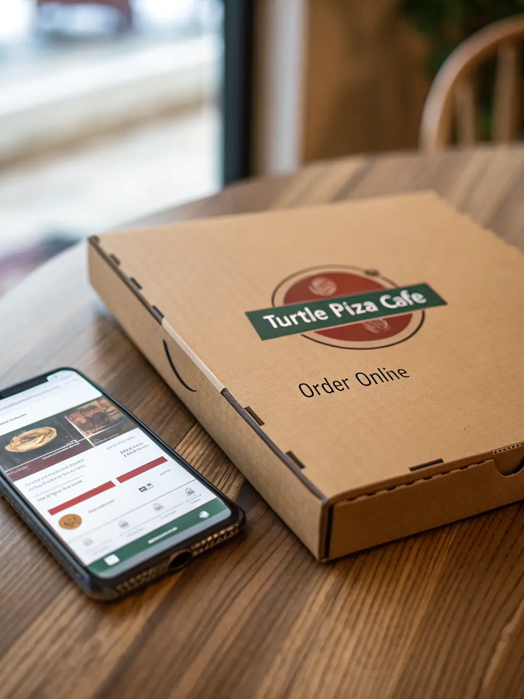 A Turtle Pizza Café pizza box with a visible 'Order Online' sticker, placed on a table with a smartphone displaying the café's website.