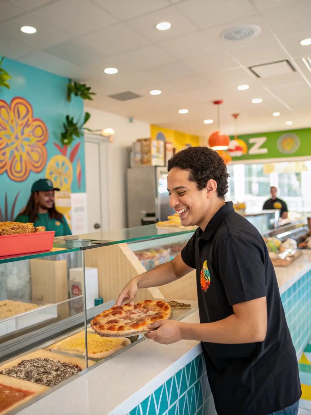 A customer picking up a pizza order from the Turtle Pizza Café counter, showcasing the clean and welcoming environment.