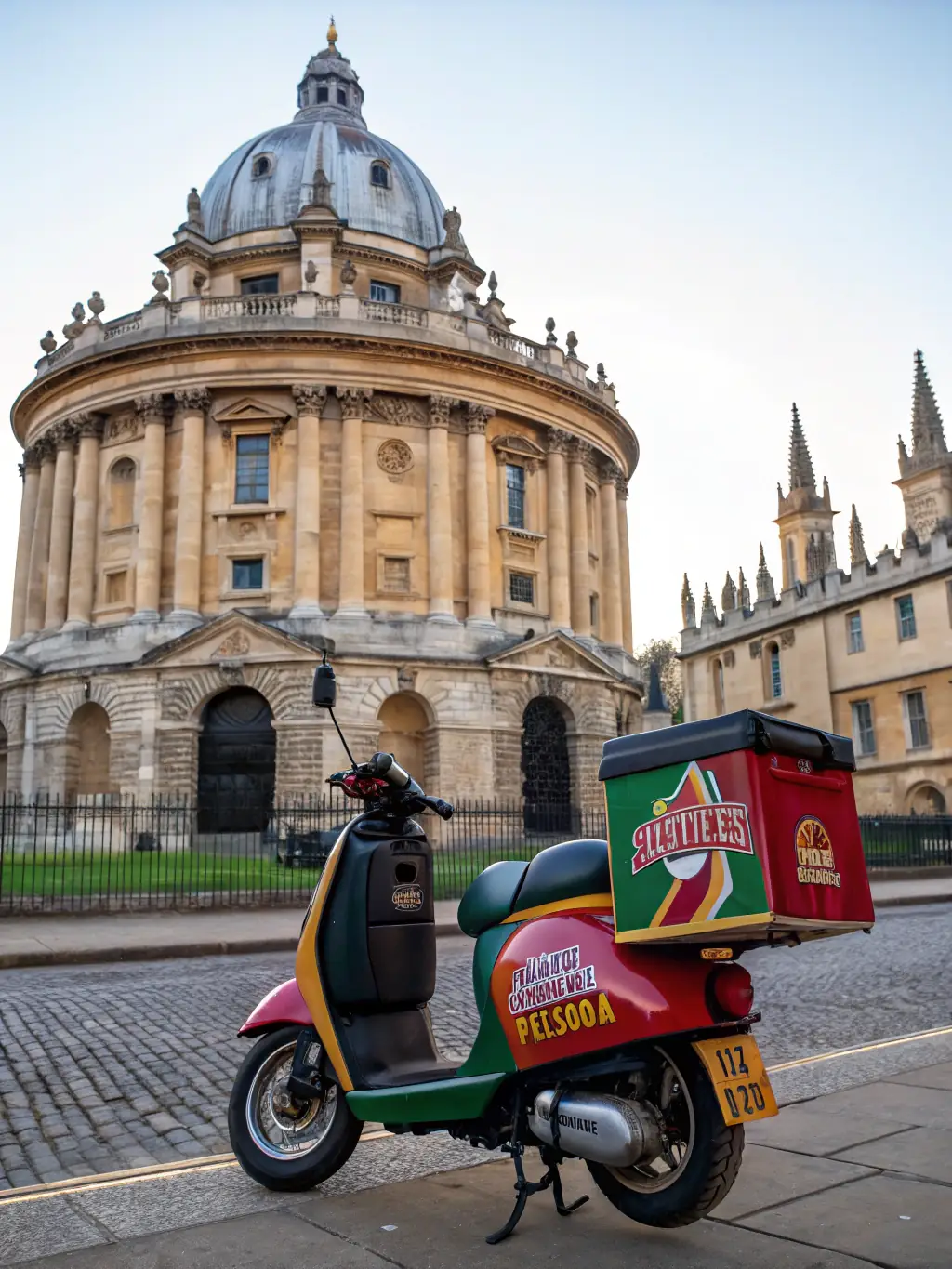 A close-up shot of a Turtle Pizza Café delivery scooter with the company logo, parked in front of a recognizable Oxford landmark.