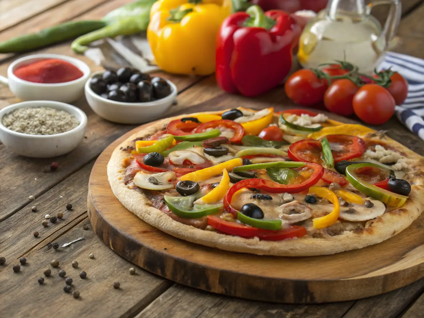 A landscape shot of a vegetarian pizza with colorful vegetables and a light cheese topping.