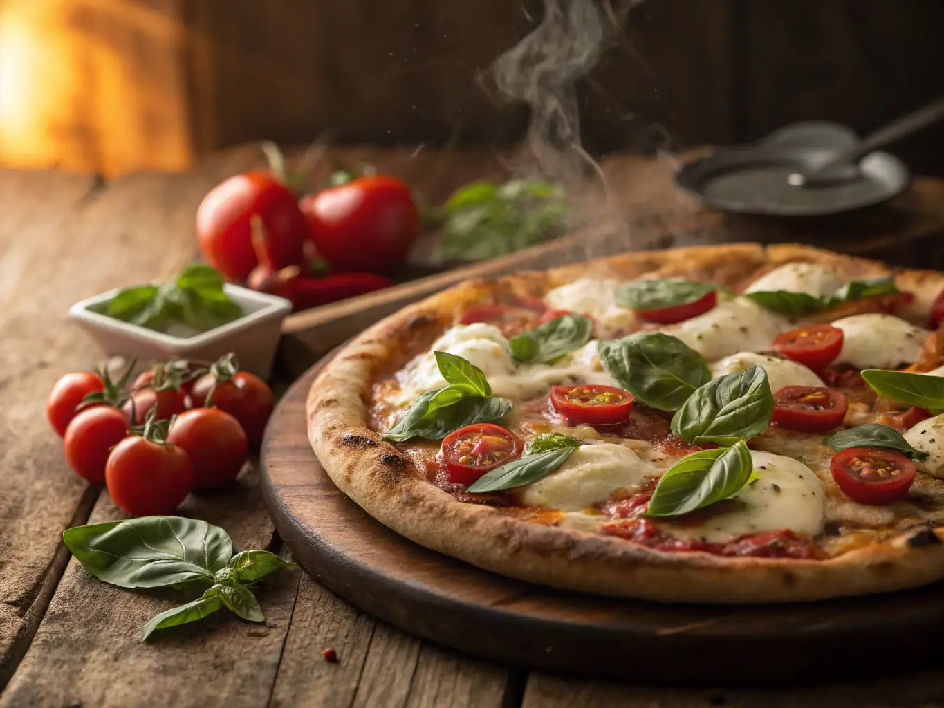 A landscape shot of a pepperoni pizza with melted cheese and a crispy crust.