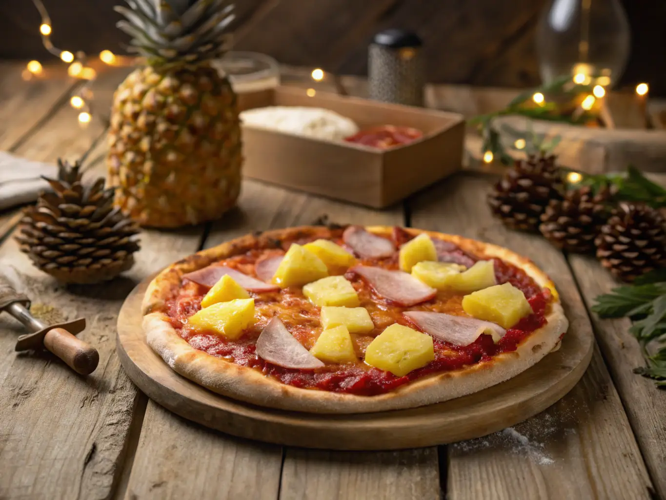 A landscape shot of a Hawaiian pizza with pineapple, ham, and melted cheese.