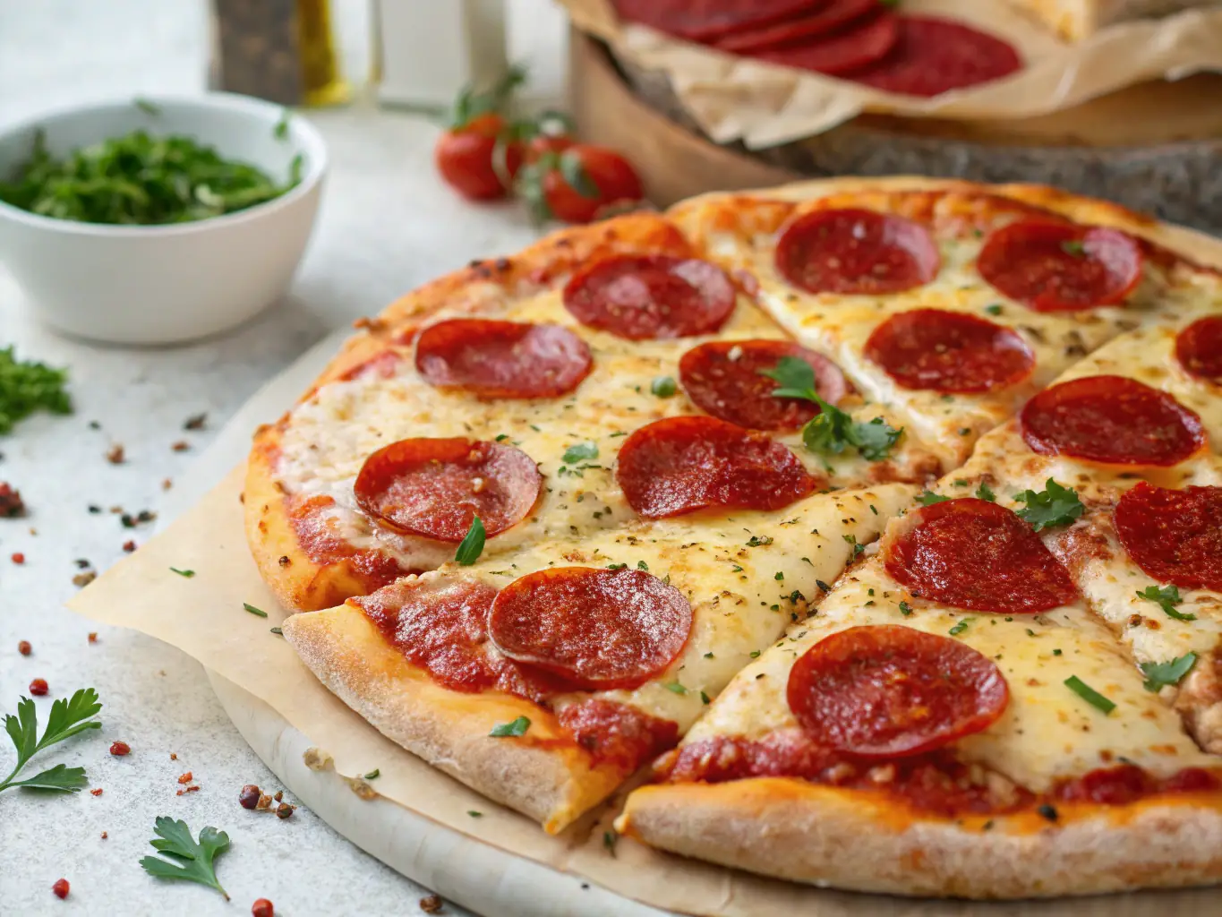 A mouthwatering image of a Pepperoni Feast pizza, loaded with layers of pepperoni, melted cheese, and a perfectly baked crust, highlighting its rich and savory flavors.