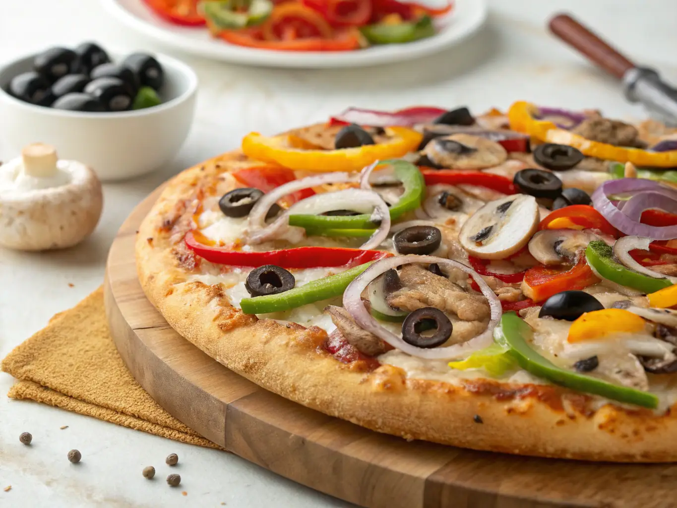 An enticing photo of a Veggie Supreme pizza, showcasing a colorful assortment of fresh vegetables, including bell peppers, mushrooms, onions, and olives, on a crispy crust.