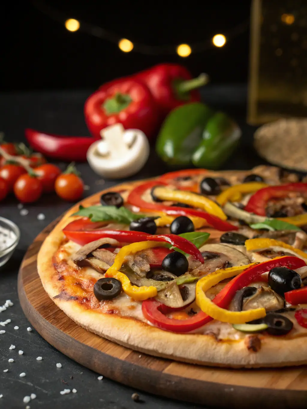 An appetizing image of a Vegetarian pizza, showcasing a colorful assortment of fresh vegetables, such as bell peppers, mushrooms, onions, and olives, on a delicious crust.