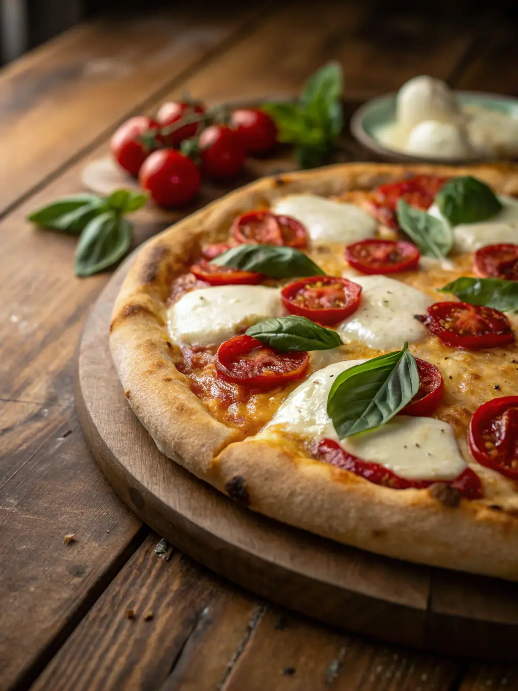 A vibrant, overhead shot of a Margherita pizza, showcasing fresh basil leaves, ripe tomato slices, and melted mozzarella on a perfectly baked crust, presented in a warm, inviting setting.