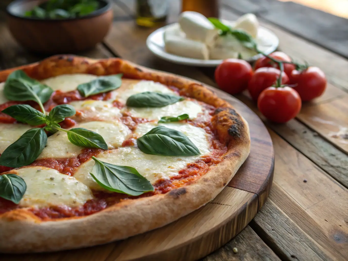 A vibrant, close-up shot of a Margherita pizza with fresh basil leaves, ripe tomatoes, and melted mozzarella cheese, showcasing its simplicity and freshness in a warm, inviting light.