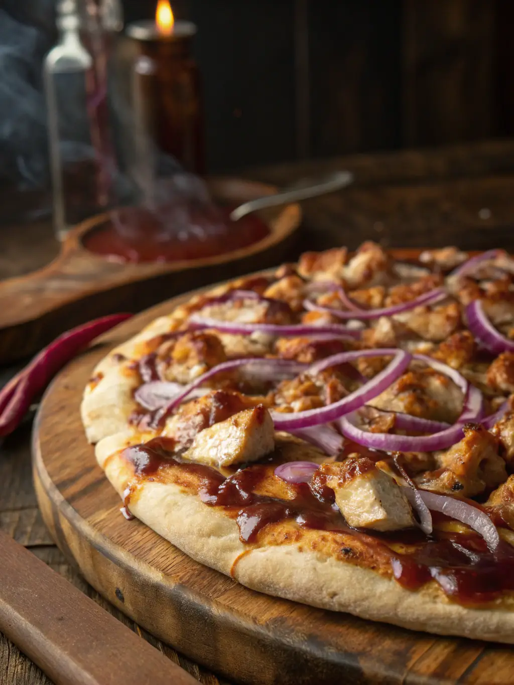 A mouthwatering image of a BBQ Chicken pizza, featuring tender chicken pieces, tangy barbecue sauce, red onions, and cilantro, creating a smoky and savory flavor profile.